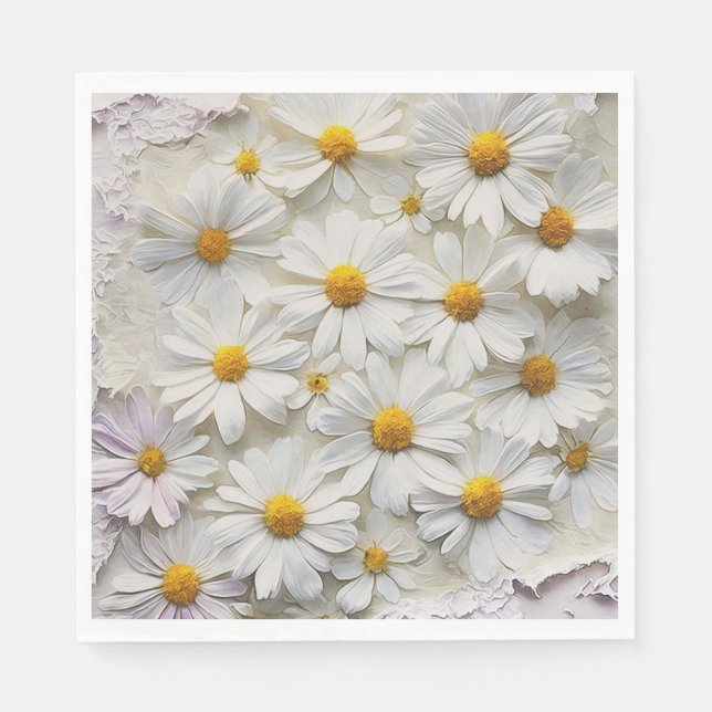 White Daisies On Distressed Paper Napkin (Front)