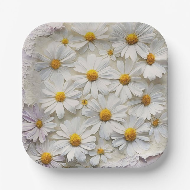 White Daisies On Distressed Paper Plate (Front)