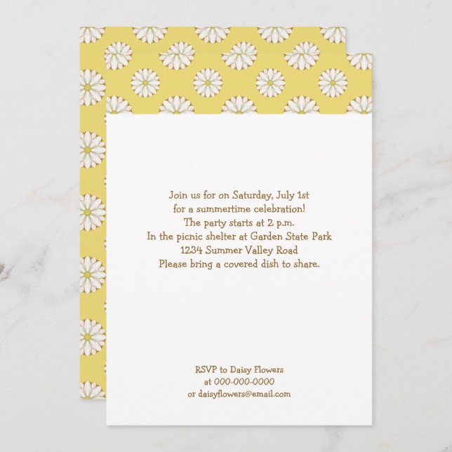 White Daisies on Golden Yellow Summer Picnic Invitation (Front/Back)