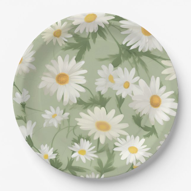 White Daisies On Green Paper Plate (Front)