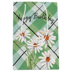 White Daisies On Green Plaid Medium Gift Bag