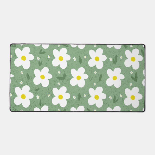 White Daisies on Green Sweet Pattern Desk Mat (Front)
