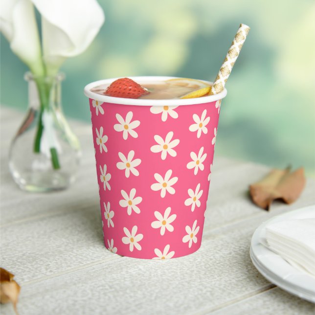 White Daisies on Hot Pink Summer Vibes y2k Floral  Paper Cups (Insitu)