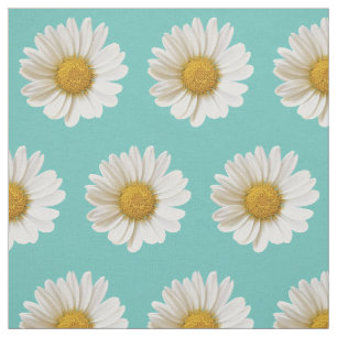 White Daisies on Light Teal Background Fabric