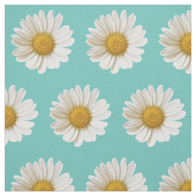 White Daisies on Light Teal Background Fabric (Swatch)