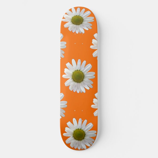 White daisies on orange skateboard (Front)