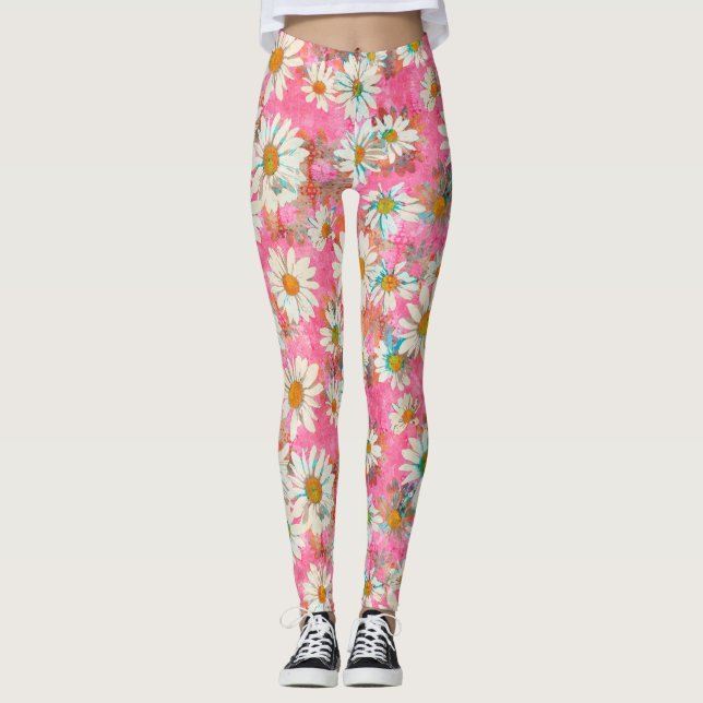 White Daisies on Pink Floral Pattern Leggings (Front)