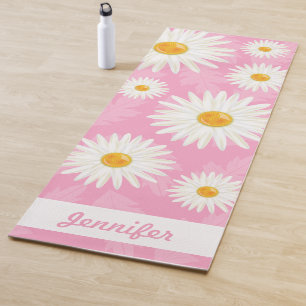 White Daisies On Pink With Personalised Name Yoga Mat
