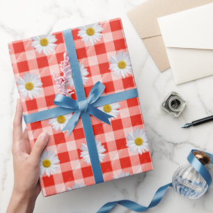 White Daisies on Red and White Gingham Wrapping Paper