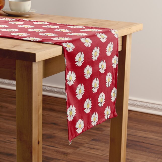 White Daisies On Red Medium Table Runner (In Situ)