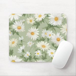 White Daisies On Sage Green Mouse Mat