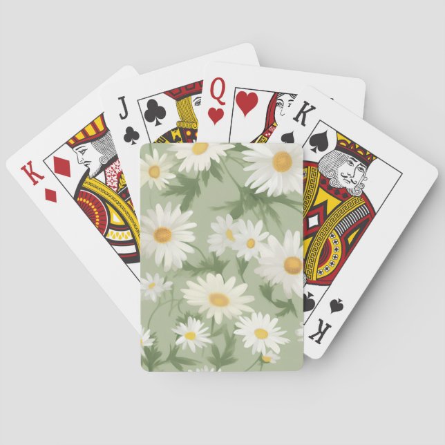 White Daisies On Sage Green Playing Cards (Back)