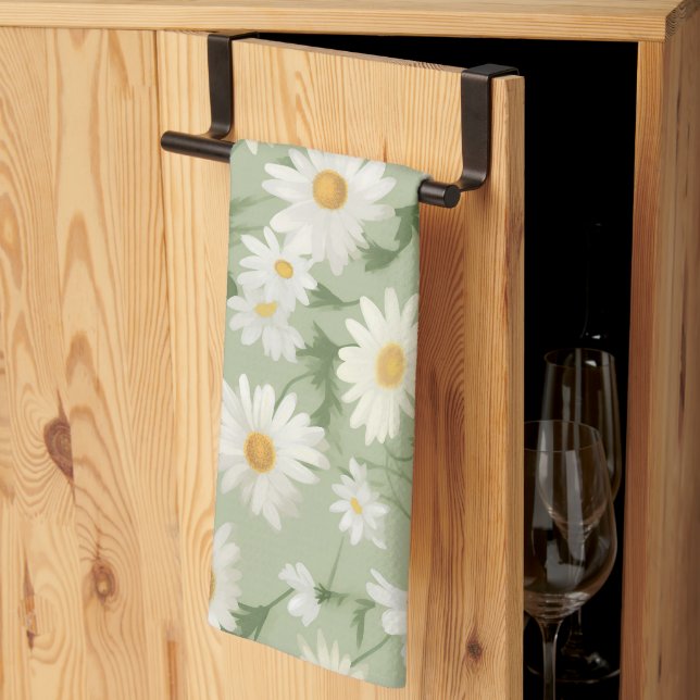 White Daisies On Sage Green Tea Towel (Thirds Fold)