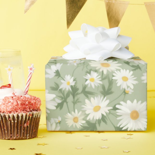 White Daisies On Sage Green Wrapping Paper (Birthday Party)