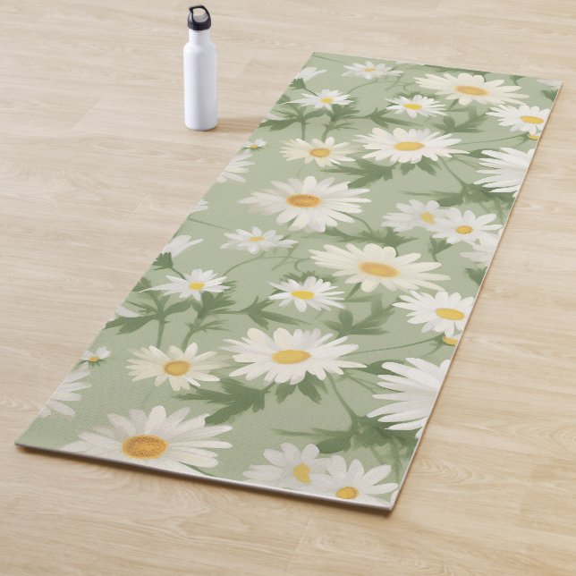 White Daisies On Sage Green Yoga Mat (In Situ)