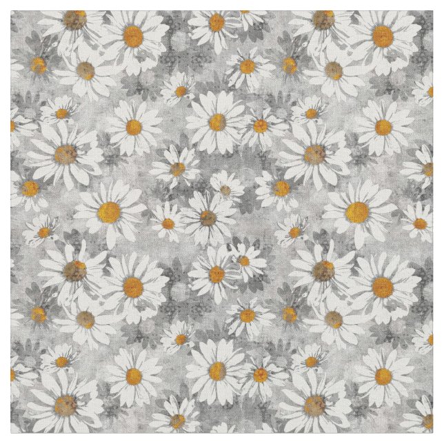 White Daisies on Silver Grey Floral Pattern Fabric (Close Up)