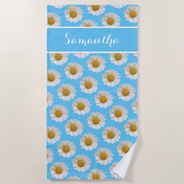 White Daisies on Sky Blue Personalised Beach Towel (Front)