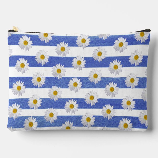 White Daisies On Watercolor Blue Stripes Accessory Pouch (Front)
