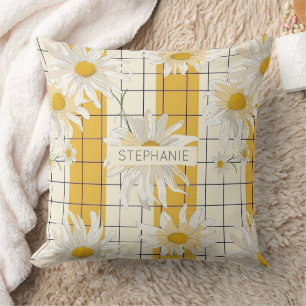 White Daisies on Yellow Striped Grid Background Cushion