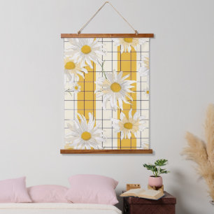 White Daisies on Yellow Striped Grid Background Hanging Tapestry