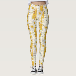 White Daisies on Yellow Striped Grid Background Leggings