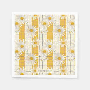 White Daisies on Yellow Striped Grid Background Napkin