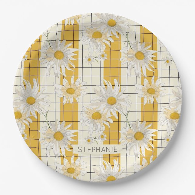 White Daisies on Yellow Striped Grid Background Paper Plate (Front)