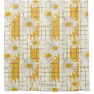 White Daisies on Yellow Striped Grid Background Shower Curtain