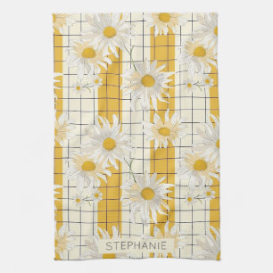 White Daisies on Yellow Striped Grid Background Tea Towel