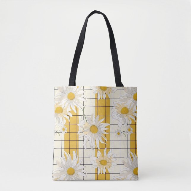 White Daisies on Yellow Striped Grid Background Tote Bag (Front)
