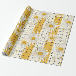White Daisies on Yellow Striped Grid Background Wrapping Paper