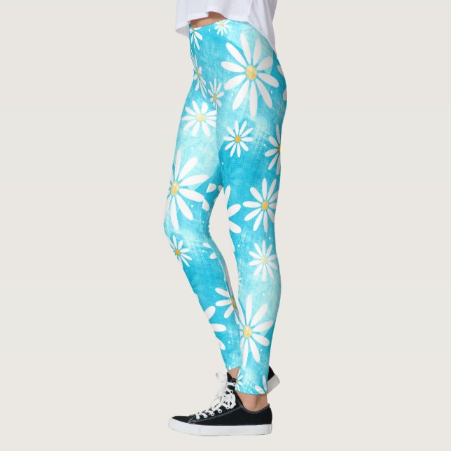 white daisies pattern blue gradient colorblocks leggings (Left)