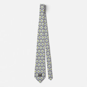 White daisies pattern Grey background monogram Tie