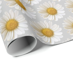 White Daisies Pattern Light Grey Wrapping Paper