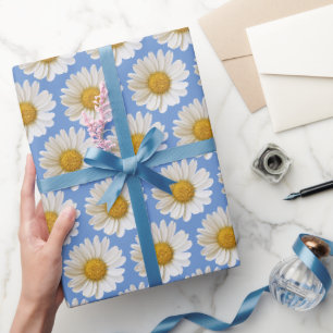 White Daisies Pattern on Blue Background Wrapping Paper