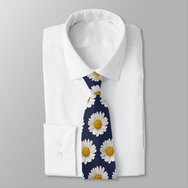 White Daisies Pattern on Dark Blue Neck Tie (Tied)