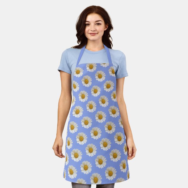 White Daisies Pattern on Light Blue Apron (Worn)