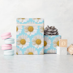 White Daisies Pattern on Light Blue Background Wrapping Paper