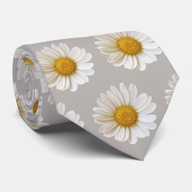 White Daisies Pattern on Light Grey Neck Tie (Rolled)