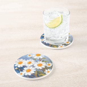 White Daisies Watercolor Flowers Painted Coaster
