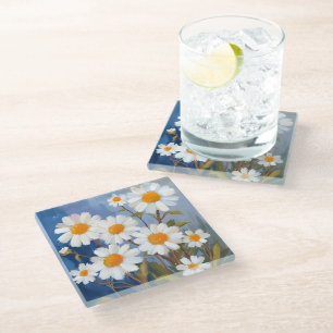 White Daisies Watercolor Flowers Painted Glass Coaster