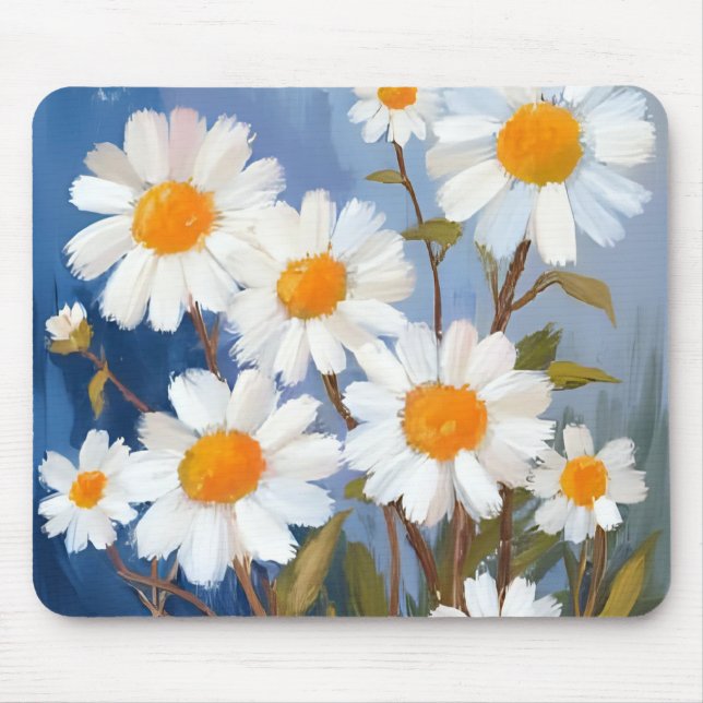 White Daisies Watercolor Flowers Painted Mouse Mat (Front)