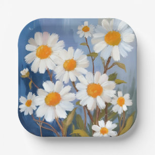 White Daisies Watercolor Flowers Painted Paper Plate