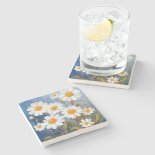 White Daisies Watercolor Flowers Painted Stone Coaster