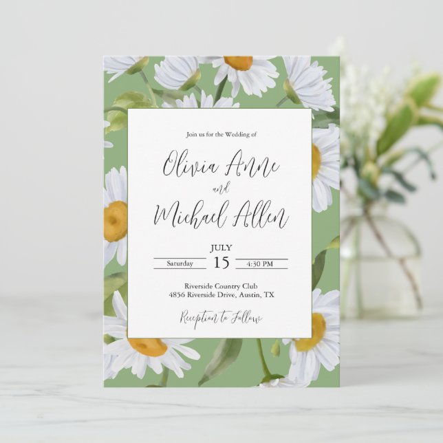 White Daisies Watercolor Green Wedding Invitation (Standing Front)