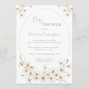 White Daisies Watercolor Sage Baby Shower Invitation