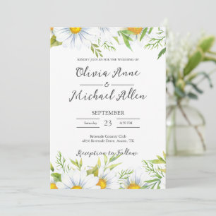 White Daisies Watercolor Script Wedding Invitation