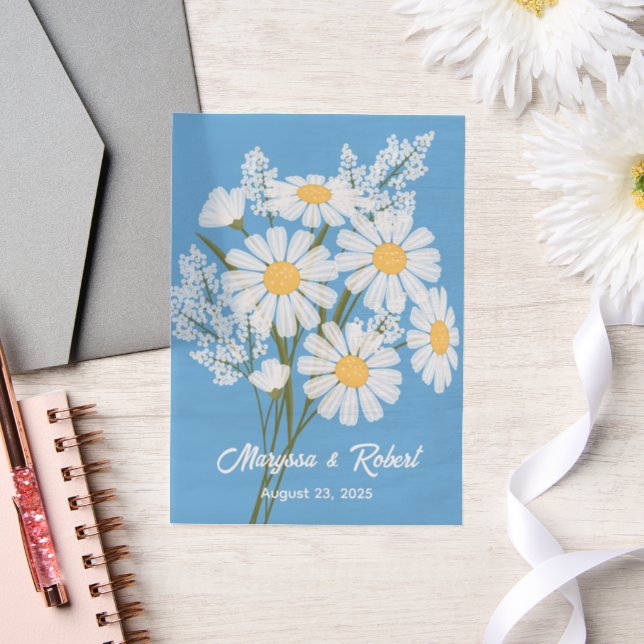 White Daisies Wedding Anniversary Blue Insert Vellum Invitations (Wedding)