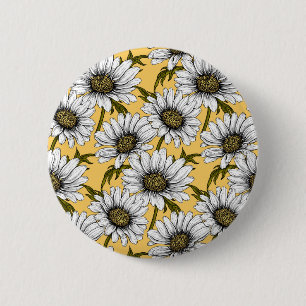 White daisies, wild flowers on yellow 6 cm round badge