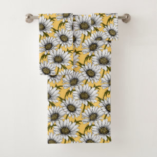 White daisies, wild flowers on yellow bath towel set